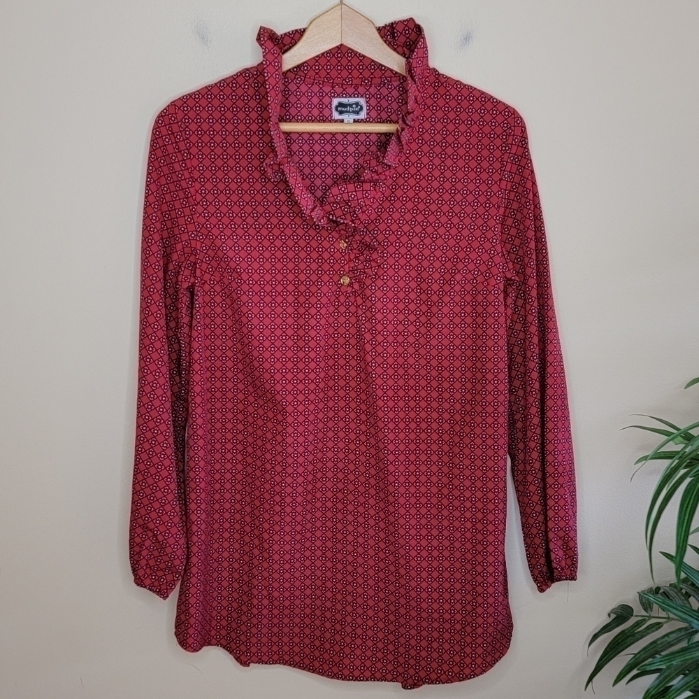 Mud Pie Red Diamond Floral Long Sleeve Tunic Blouse Ruffle Collar Size Small